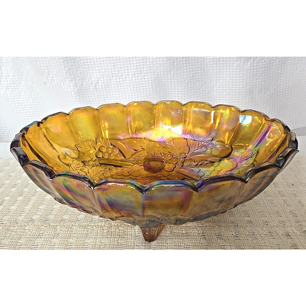 VTG Iridescent Carnival Glass Fruit Bowl Oval Indiana Harvest Grape Amber Footed